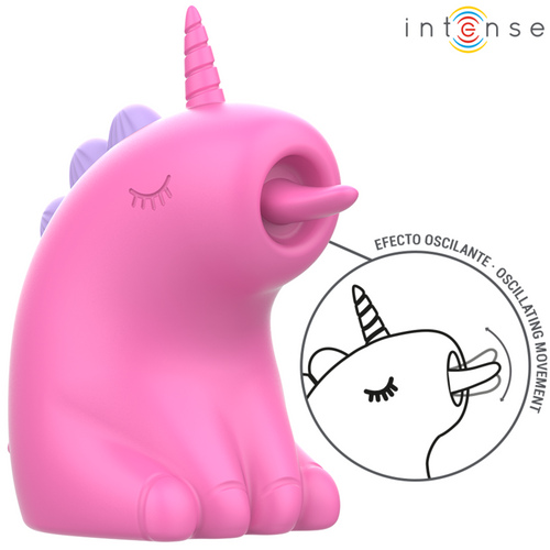Stimulateur clitoridien licorne rose Pinkie, schema illustrant l effet oscillant facon langue, design fantaisie en silicone doux pour le clitoris.