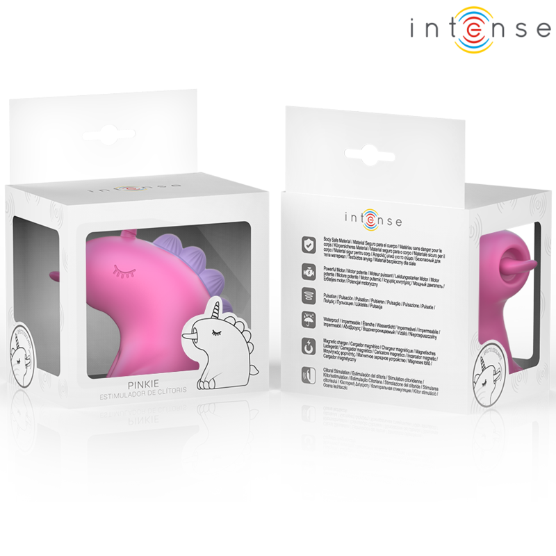 Boite Intense Pinkie ouverte montrant les stimulateurs licorne rose et turquoise, packaging fantaisie du sextoy clitoridien à mouvement mécanique en silicone.