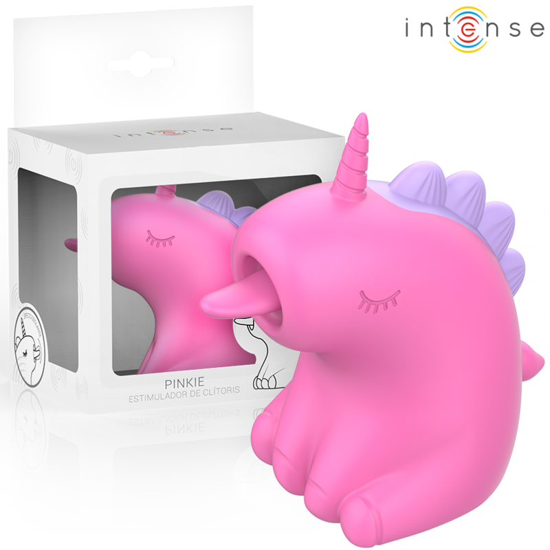 Boite Intense Pinkie presentant le stimulateur clitoridien licorne rose, packaging fantaisie en silicone pour stimulation haut\/bas du clitoris.