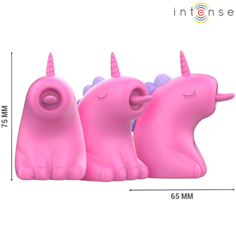 Trio de stimulateurs licorne rose Pinkie vus de profil, dimensions 75 mm de haut et 65 mm, sextoy clitoridien fantaisie en silicone à mouvement mécanique.