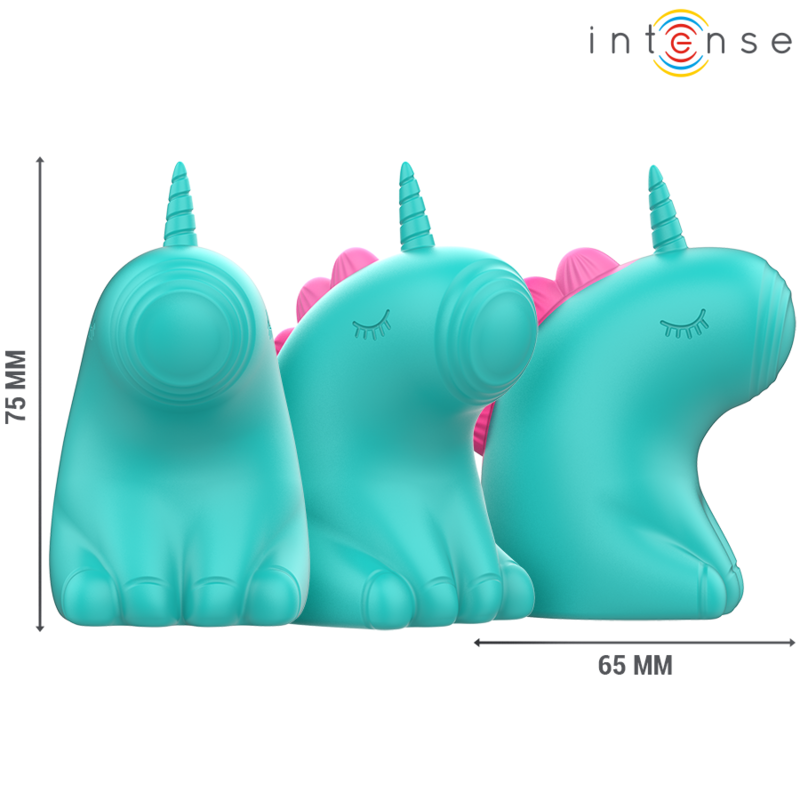 Trio de stimulateurs licorne turquoise vus de profil, dimensions 75 mm et 65 mm, sextoy clitoridien fantaisie en silicone à mouvement mécanique rythmé.