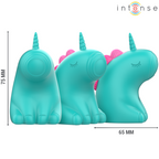 Trio de stimulateurs licorne turquoise vus de profil, dimensions 75 mm et 65 mm, sextoy clitoridien fantaisie en silicone à mouvement mécanique rythmé.