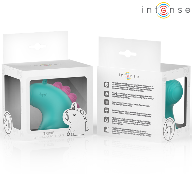 Boite Intense Trixie montrant le stimulateur licorne turquoise et sa fiche illustree, packaging fantaisie du sextoy clitoridien à mouvement mécanique en silicone.