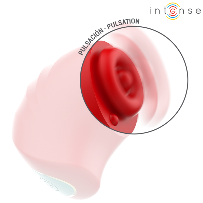Gros plan sur la rose en silicone rouge du stimulateur clitoridien Donnie en mode pulsation, petales sculptes pour une stimulation par a-coups sur le clitoris.