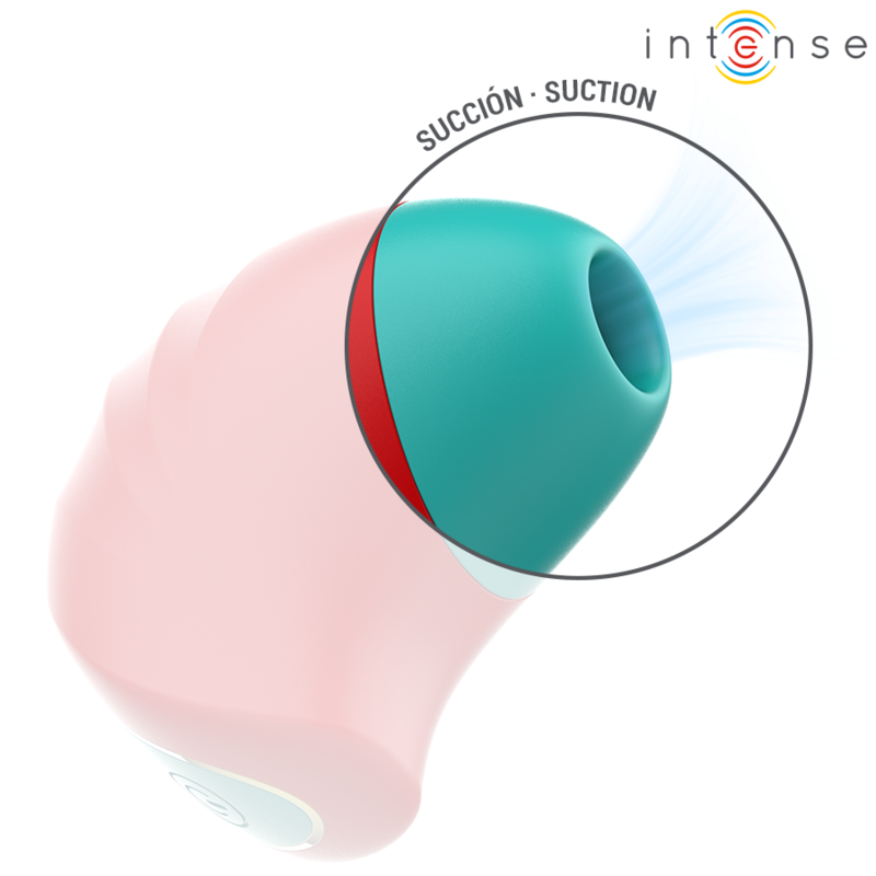 Gros plan sur l'embout d'aspiration turquoise du stimulateur rose Donnie en silicone rouge, fonction succion imitant une stimulation orale douce du clitoris.