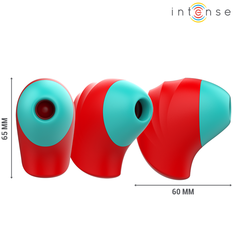 Trois stimulateurs clitoridiens en forme de rose en silicone rouge et turquoise Donnie alignes, hauteur 65 mm et 60 mm, fonction aspiration pour le clitoris.