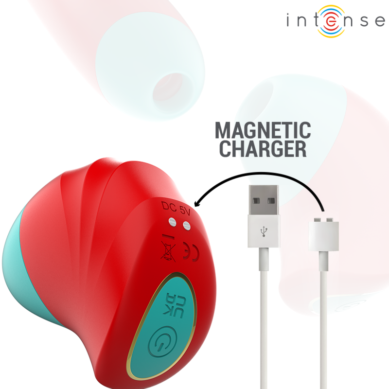 Stimulateur clitoridien rose en silicone rouge et turquoise Donnie pose pres de son cable de charge magnetique, fonction aspiration rechargeable pour le clitoris.