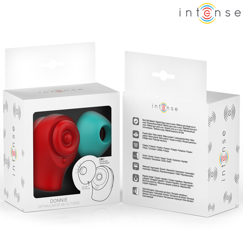 Boite du stimulateur clitoridien par aspiration Intense en silicone, tete rose visible, design compact ergonomique pensee pour cibler le clitoris avec plusieurs intensites