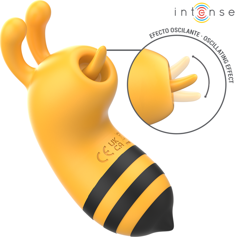Stimulateur clitoridien abeille jaune Maya, schema illustrant l effet oscillant facon langue, design fantaisie en silicone pour stimulation du clitoris.