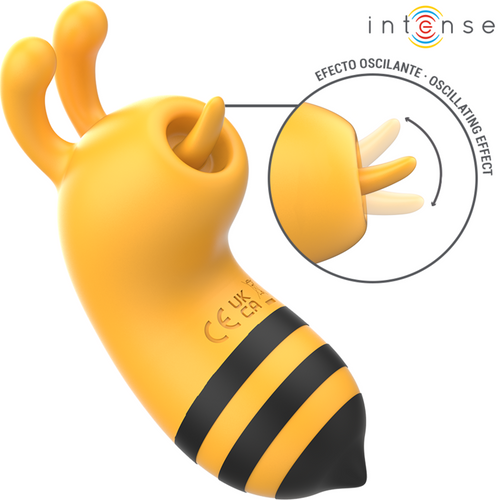 Stimulateur clitoridien abeille jaune Maya, schema illustrant l effet oscillant facon langue, design fantaisie en silicone pour stimulation du clitoris.