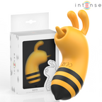 Boite Intense Maya presentant le stimulateur clitoridien abeille jaune, packaging fantaisie en silicone pour stimulation à mouvement mécanique du clitoris.