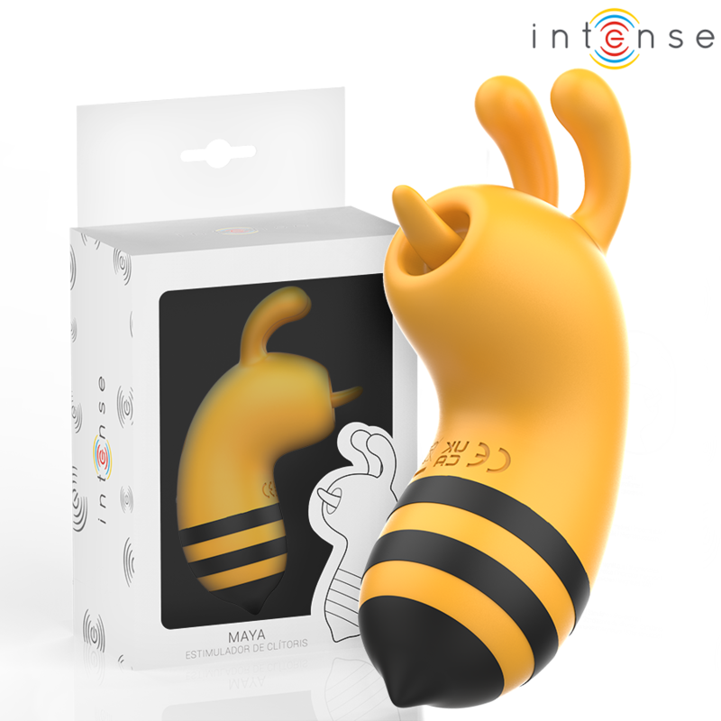 Boite Intense Maya presentant le stimulateur clitoridien abeille jaune, packaging fantaisie en silicone pour stimulation à mouvement mécanique du clitoris.