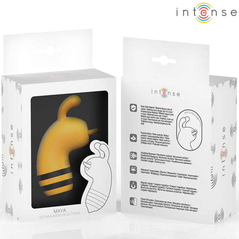 Boite Intense Maya ouverte montrant le stimulateur abeille jaune et sa fiche illustree, packaging fantaisie du sextoy clitoridien par aspiration.