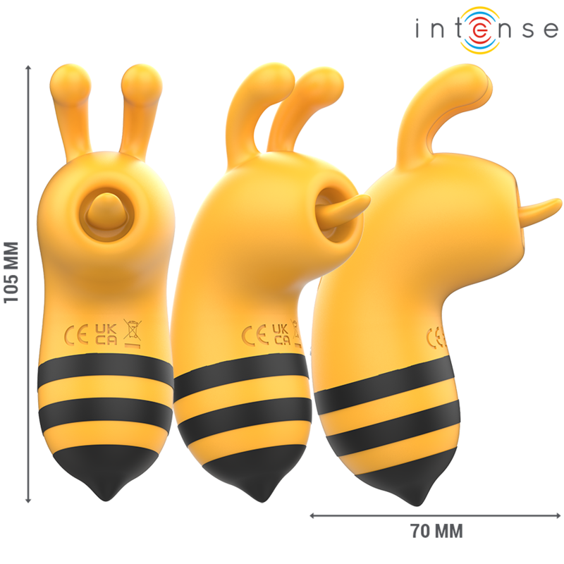 Trio de stimulateurs abeille jaune Maya vus de profil, dimensions 105 mm de haut et 70 mm, sextoy clitoridien fantaisie en silicone à mouvement mécanique.