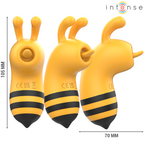 Trio de stimulateurs abeille jaune Maya vus de profil, dimensions 105 mm de haut et 70 mm, sextoy clitoridien fantaisie en silicone à mouvement mécanique.