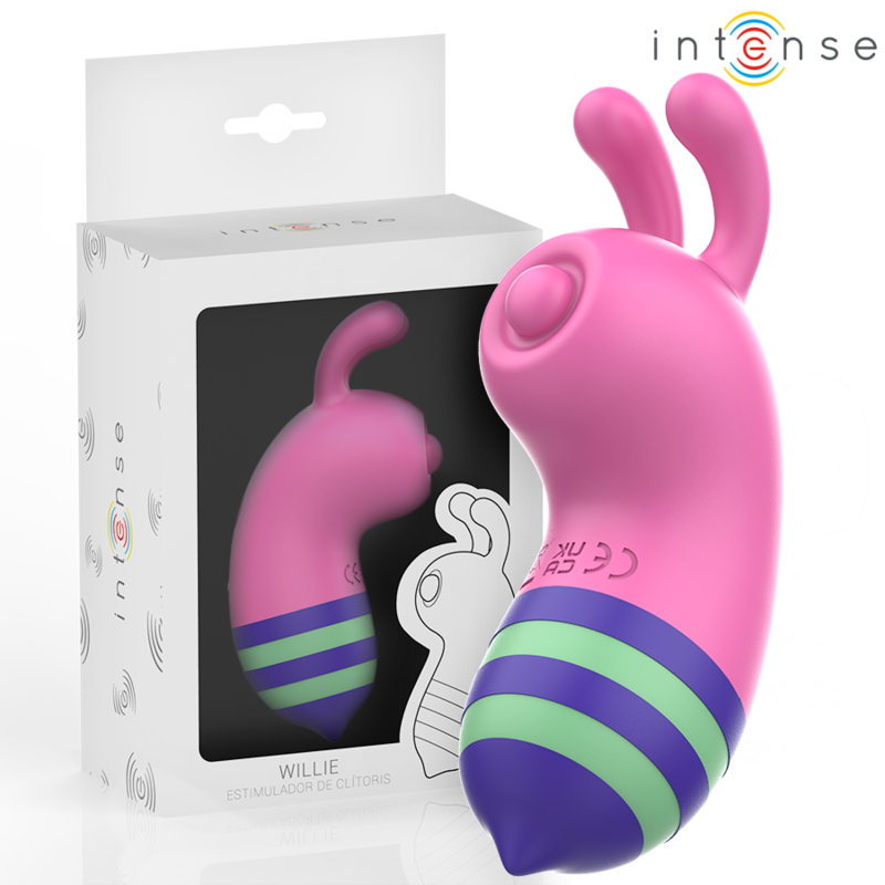 Boite Intense Willie presentant le stimulateur clitoridien escargot rose, packaging fantaisie en silicone pour stimulation par aspiration du clitoris.