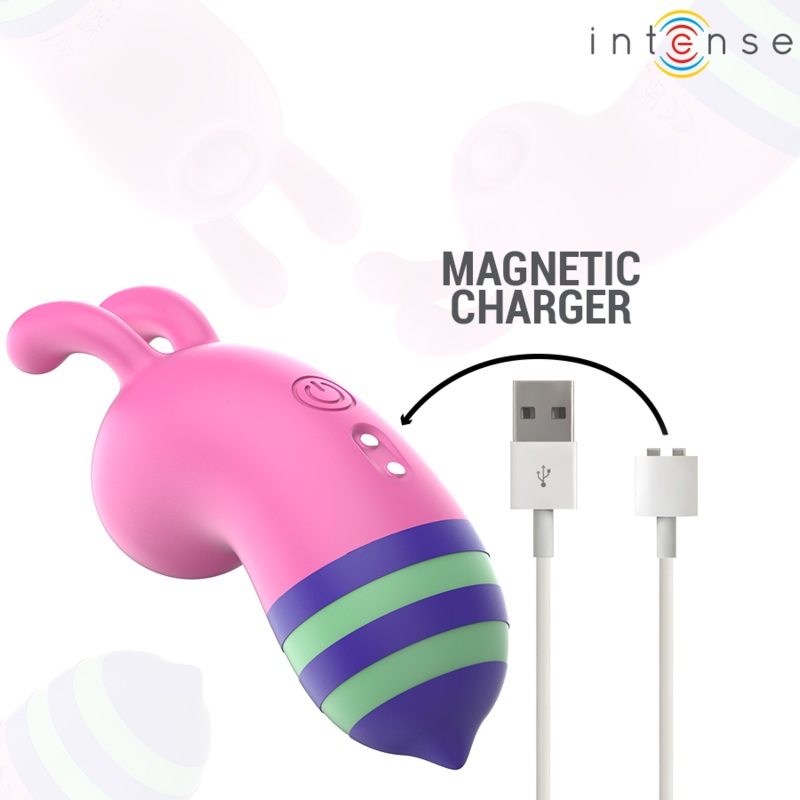 Stimulateur escargot rose Willie avec son chargeur magnetique et cable USB, sextoy clitoridien fantaisie rechargeable en silicone, detail de la recharge.