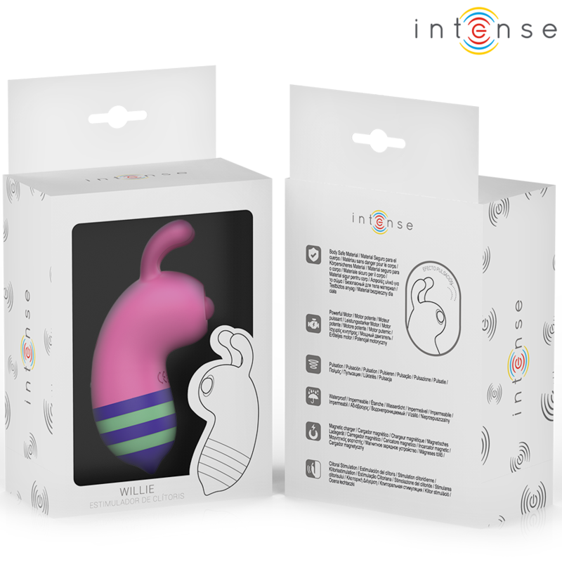 Boite Intense Willie ouverte montrant le stimulateur escargot rose et sa fiche illustree, packaging fantaisie du sextoy clitoridien par aspiration.