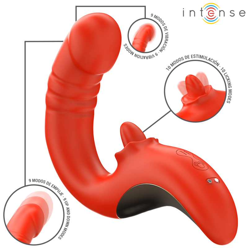 Stimulateur Paulina Intense rouge en forme de U, branche interne et embout clitoridien à ailerons, panneau de commande à deux boutons, gros plans sur les 3 fonctions vibration, va-et-vient et léchage
