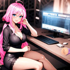 Illustration manga du personnage Sasha assise a un bureau devant un ecran, esthetique visuelle du masturbateur manga Fleshlight, gaine texturee posee sur le plan de travail.