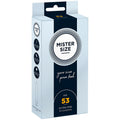 Boite Mister Size 53 mm Extra Fine de profil, latex lubrifie taille intermediaire, format 10 preservatifs, emballage sombre your size pure feel