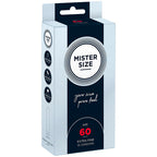 Boite Mister Size 60 mm Extra Fine de trois quarts, taille XL latex lubrifie, pastilles de couleur, conditionnement de 10 preservatifs Mister Size