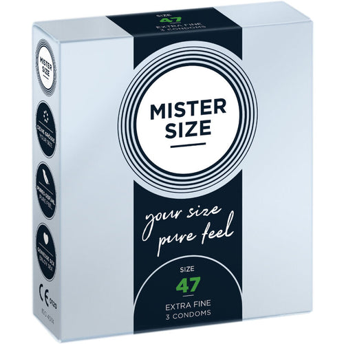 Boite preservatifs Mister Size 47 mm taille XS Extra Fine, face avant noire your size pure feel, latex le plus fin de la gamme pres du corps, 3 preservatifs