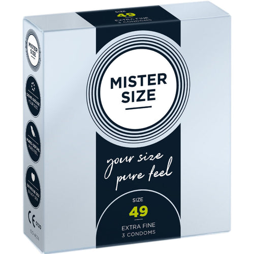 Boite preservatifs Mister Size 49 mm taille S Extra Fine, face avant noire your size pure feel, latex ajuste pour penis plus fins, format 3 preservatifs