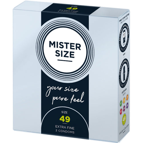 Boite Mister Size 49 mm Extra Fine de trois quarts, preservatifs ajustes taille S en latex, design noir a cercle blanc, conditionnement de 3 preservatifs