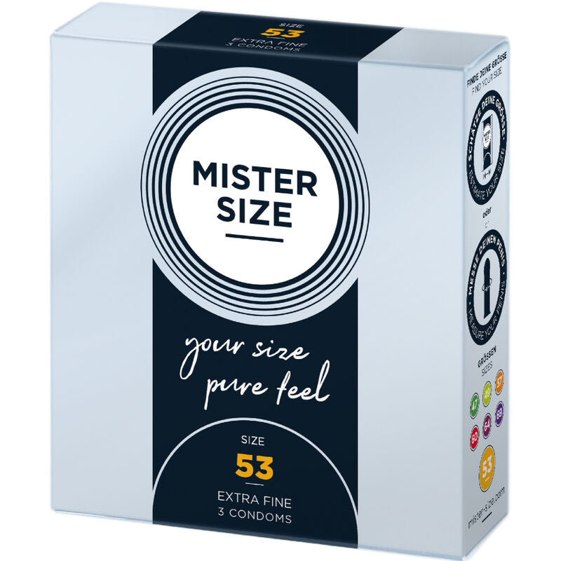 Boite Mister Size 53 mm Extra Fine de trois quarts, latex lubrifie taille intermediaire, design noir a cercle blanc, conditionnement de 3 preservatifs