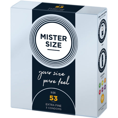 Boite Mister Size 53 mm Extra Fine de trois quarts, latex lubrifie taille intermediaire, design noir a cercle blanc, conditionnement de 3 preservatifs