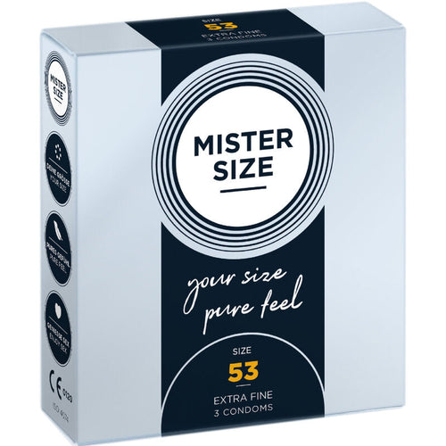 Boite preservatifs Mister Size 53 mm Extra Fine taille intermediaire, face avant noire your size pure feel, latex lubrifie axe sur le bon ajustement, 3 preservatifs