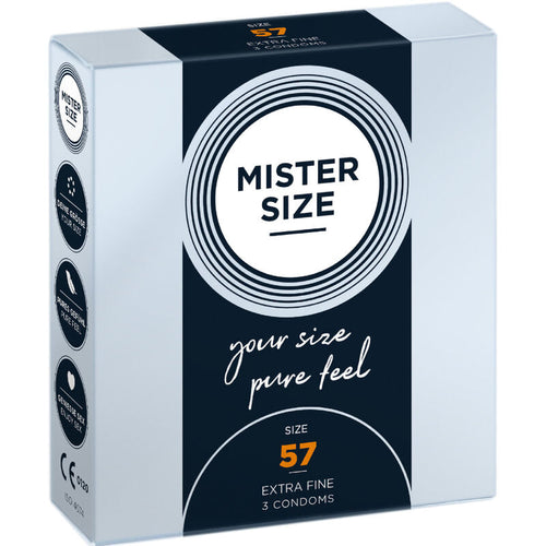 Boite preservatifs Mister Size 57 mm taille L Extra Fine, face avant noire your size pure feel, latex lubrifie pour formats standards trop justes, 3 preservatifs