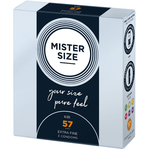 Boite Mister Size 57 mm Extra Fine de trois quarts, taille L en latex lubrifie, design noir a cercle blanc, conditionnement de 3 preservatifs