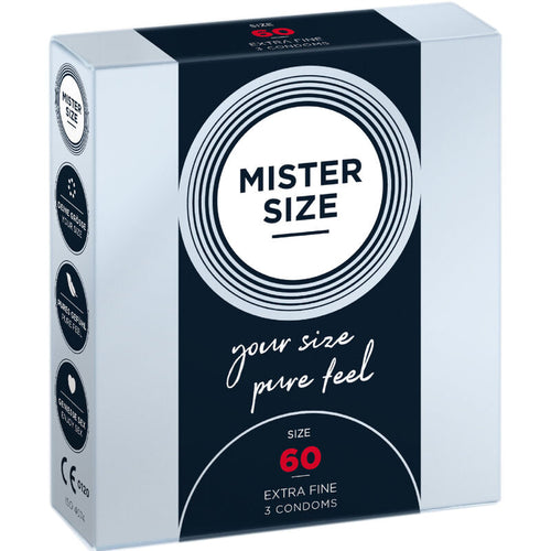 Boite preservatifs Mister Size 60 mm taille XL Extra Fine, face avant noire your size pure feel, latex lubrifie pour plus d'aisance, format 3 preservatifs