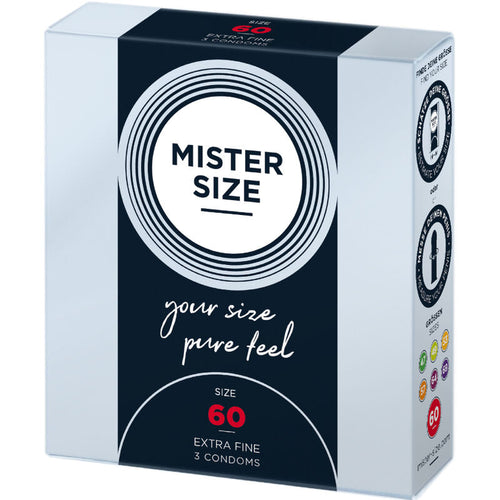 Boite Mister Size 60 mm Extra Fine de face, taille XL en latex lubrifie, design noir a cercle blanc, conditionnement de 3 preservatifs pour grands gabarits