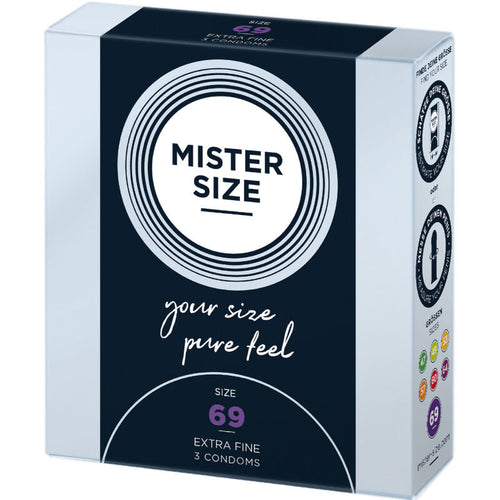 Boite Mister Size 69 mm Extra Fine de face, design noir your size pure feel, preservatifs en latex lubrifie taille XXXL la plus large de la gamme