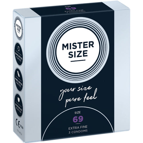 Boite preservatifs Mister Size taille 69 mm XXXL Extra Fine, face avant noire et blanche, latex lubrifie pour tres grands gabarits, format 3 preservatifs