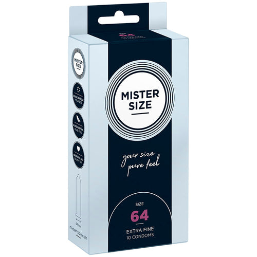 Boite preservatifs Mister Size 64 mm taille XXL Extra Fine, face avant noire, latex lubrifie pour grands gabarits, format 10 preservatifs your size pure feel