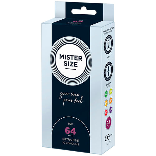 Boite Mister Size 64 mm Extra Fine de face, taille XXL en latex lubrifie, pastilles de couleur et design bleu pastel, conditionnement 10 preservatifs