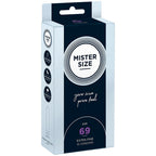 Boite Mister Size 69 mm Extra Fine vue de face, format 10 preservatifs, latex lubrifie taille XXXL, emballage sombre a cercle blanc Mister Size