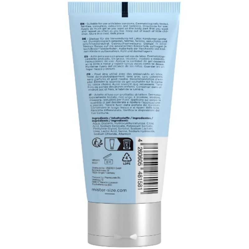 Dos du tube de lubrifiant Mister Size base eau, vue arriere avec liste d'ingredients, code-barres et mentions vegan, flacon bleu clair de 100 ml a base d'eau