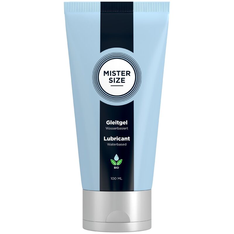 Tube de lubrifiant intime Mister Size base eau Gleitgel 100 ml, vue de face, flacon bleu pastel a bouchon argente, formule hydratante longue duree compatible preservatifs
