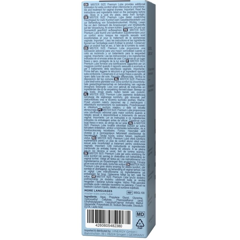 Etui Mister Size Premium Lube vu de dos, panneau d'informations multilingue et code-barres, emballage carton du lubrifiant intime base eau de 100 ml
