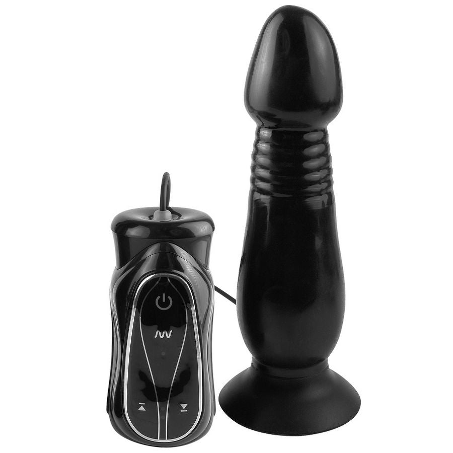 Plug anal propulseur en silicone noir a tetes bulbeuses et base ventouse, accompagne de sa telecommande filaire, sept modes de vibration et va-et-vient motorise.
