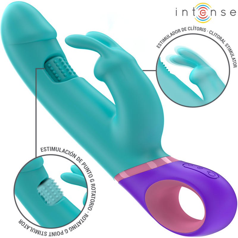 Vibrateur rabbit Monica turquoise avec manche violet, vue d'ensemble avec zooms sur les oreilles stimulatrices et la tête rotative