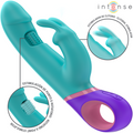 Vibrateur rabbit Monica turquoise avec manche violet, vue d'ensemble avec zooms sur les oreilles stimulatrices et la tête rotative