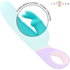 Monica turquoise, vue rapprochée des oreilles de stimulation clitoridienne et de la tête rotative pour le point G, manche violet et anneau rose