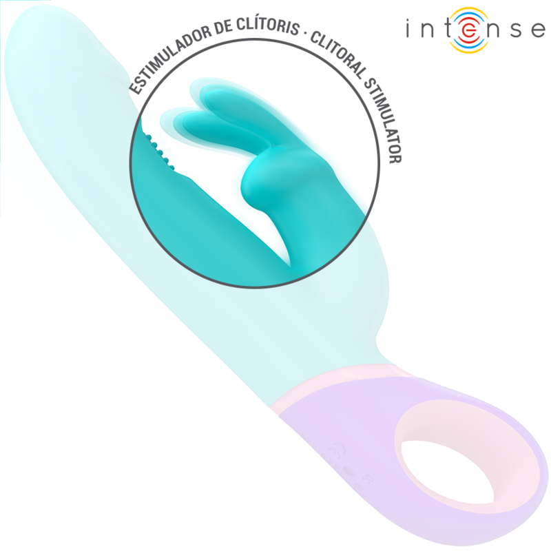 Monica turquoise, vue rapprochée des oreilles de stimulation clitoridienne et de la tête rotative pour le point G, manche violet et anneau rose