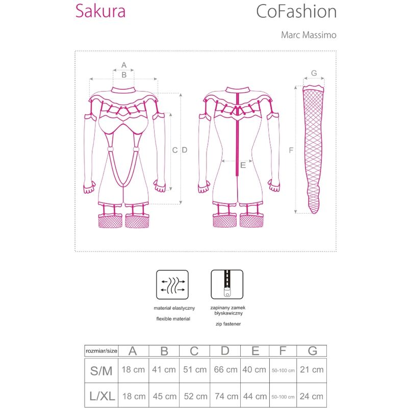 Fiche technique Sakura CoFashion, croquis cote face et dos avec tableau de mesures S/M et L/XL, combinaison dentelle et latex Marc Massimo.